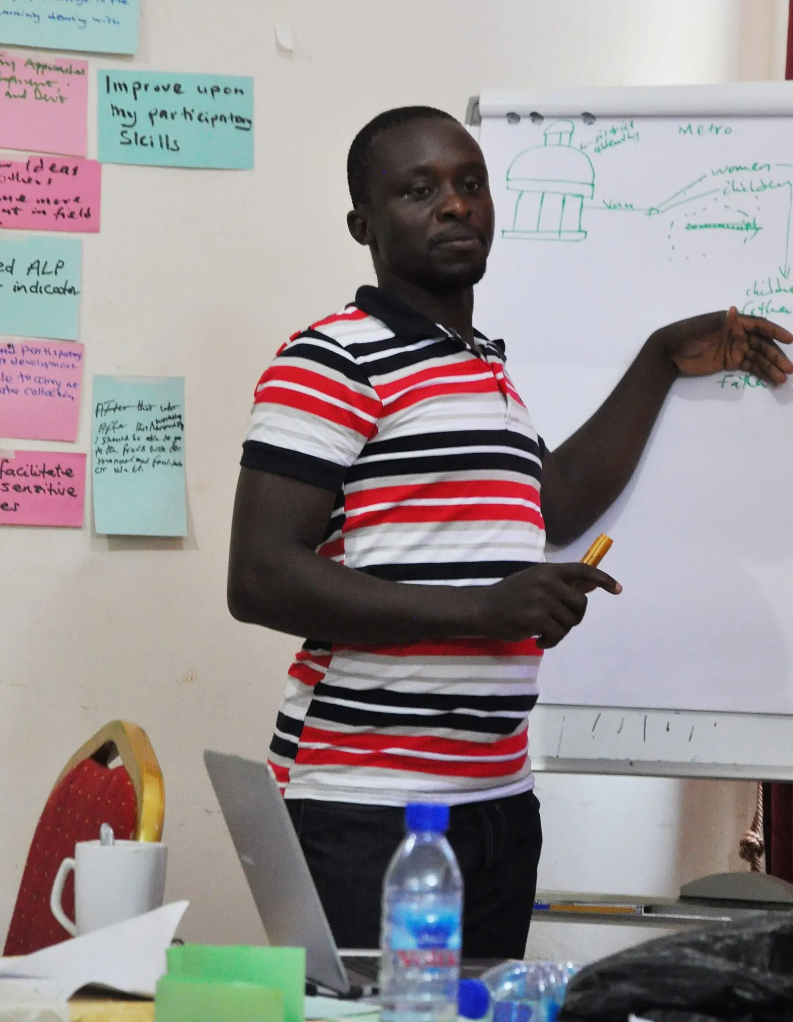 A facilitator leading a participatory planning session with a flipchart